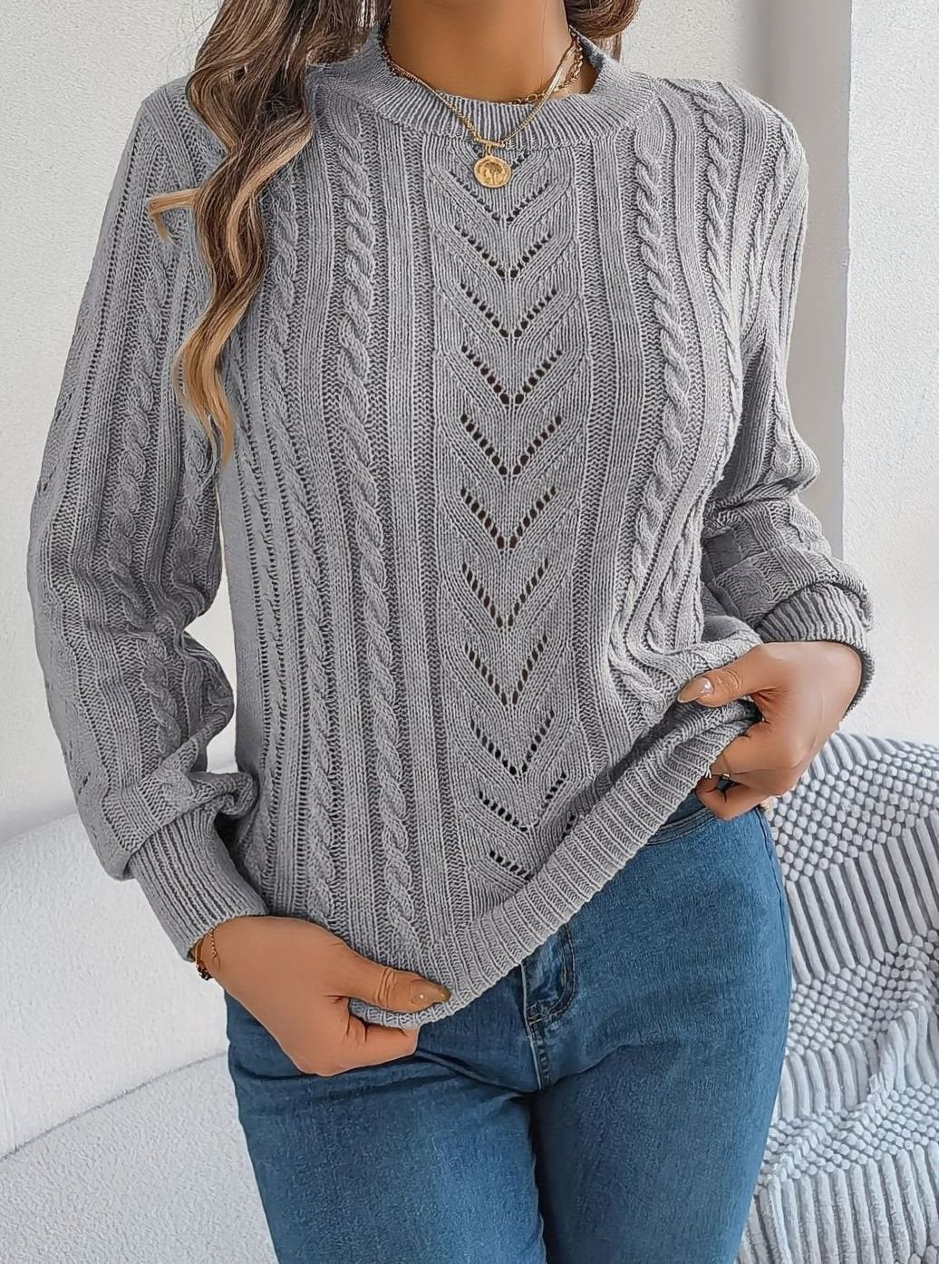 Jersey de ochos mujer cuello redondo punto calado