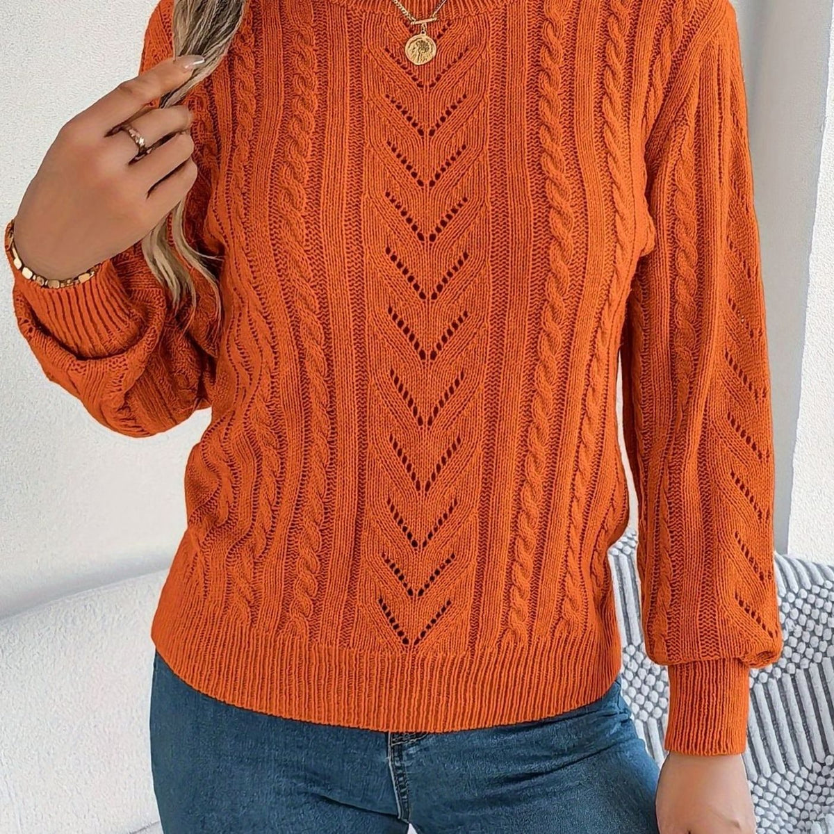Jersey de ochos mujer cuello redondo punto calado