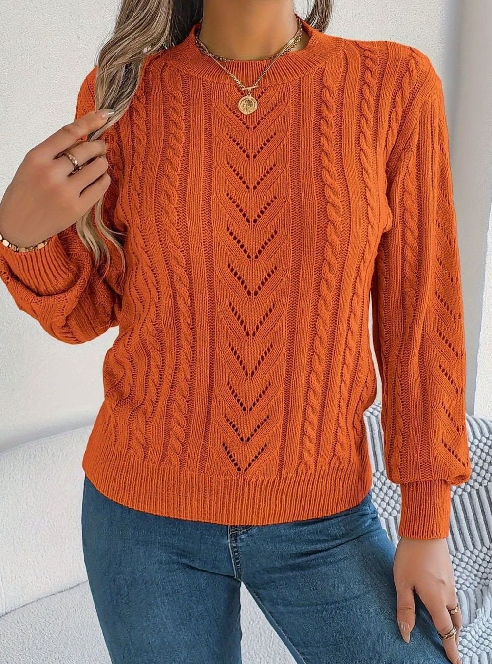 Jersey de ochos mujer cuello redondo punto calado
