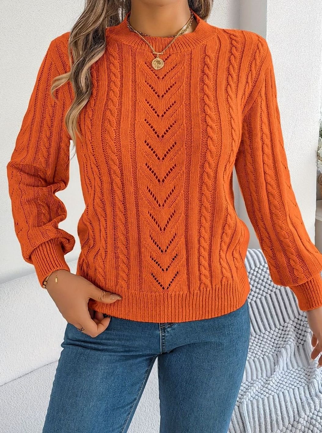 Jersey de ochos mujer cuello redondo punto calado