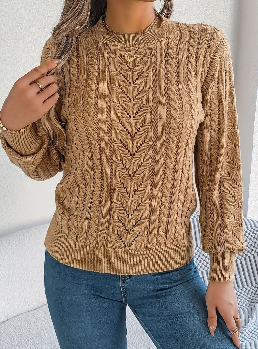 Jersey de ochos mujer cuello redondo punto calado