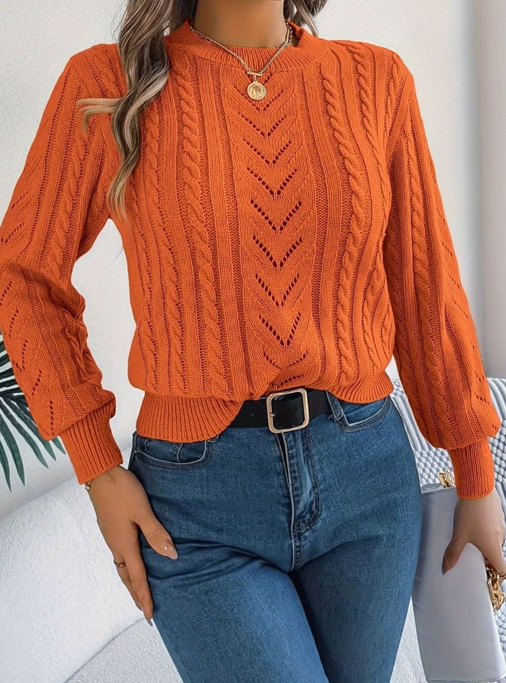 Jersey de ochos mujer cuello redondo punto calado