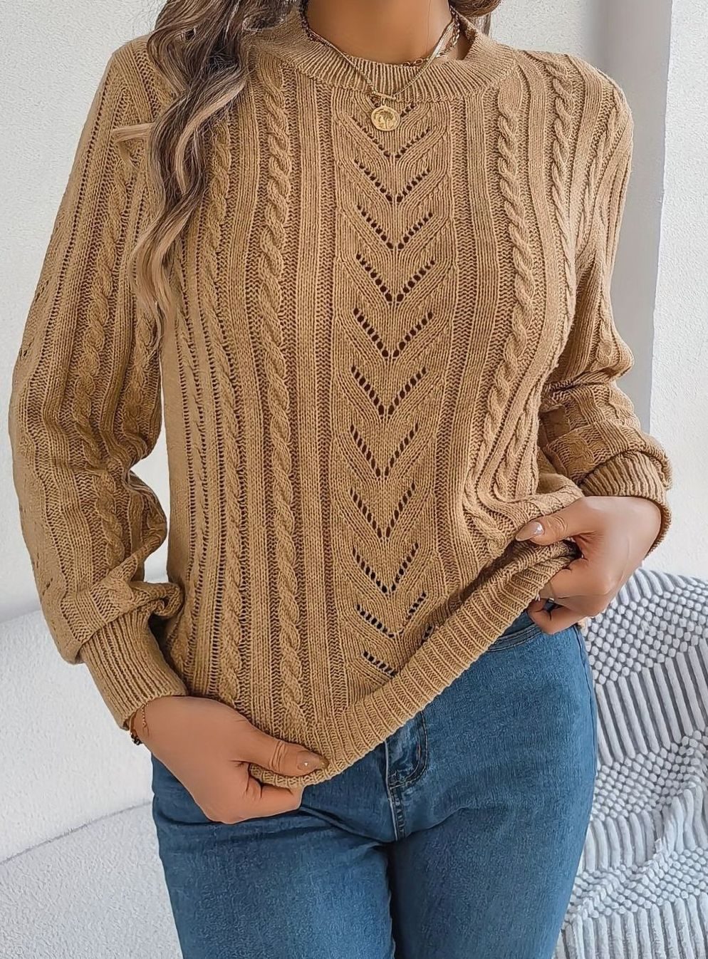 Jersey de ochos mujer cuello redondo punto calado