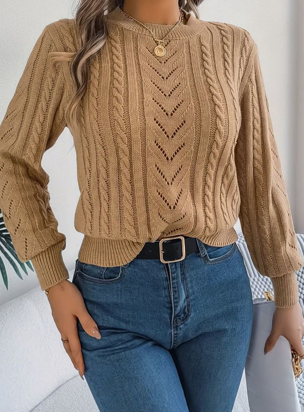 Jersey de ochos mujer cuello redondo punto calado