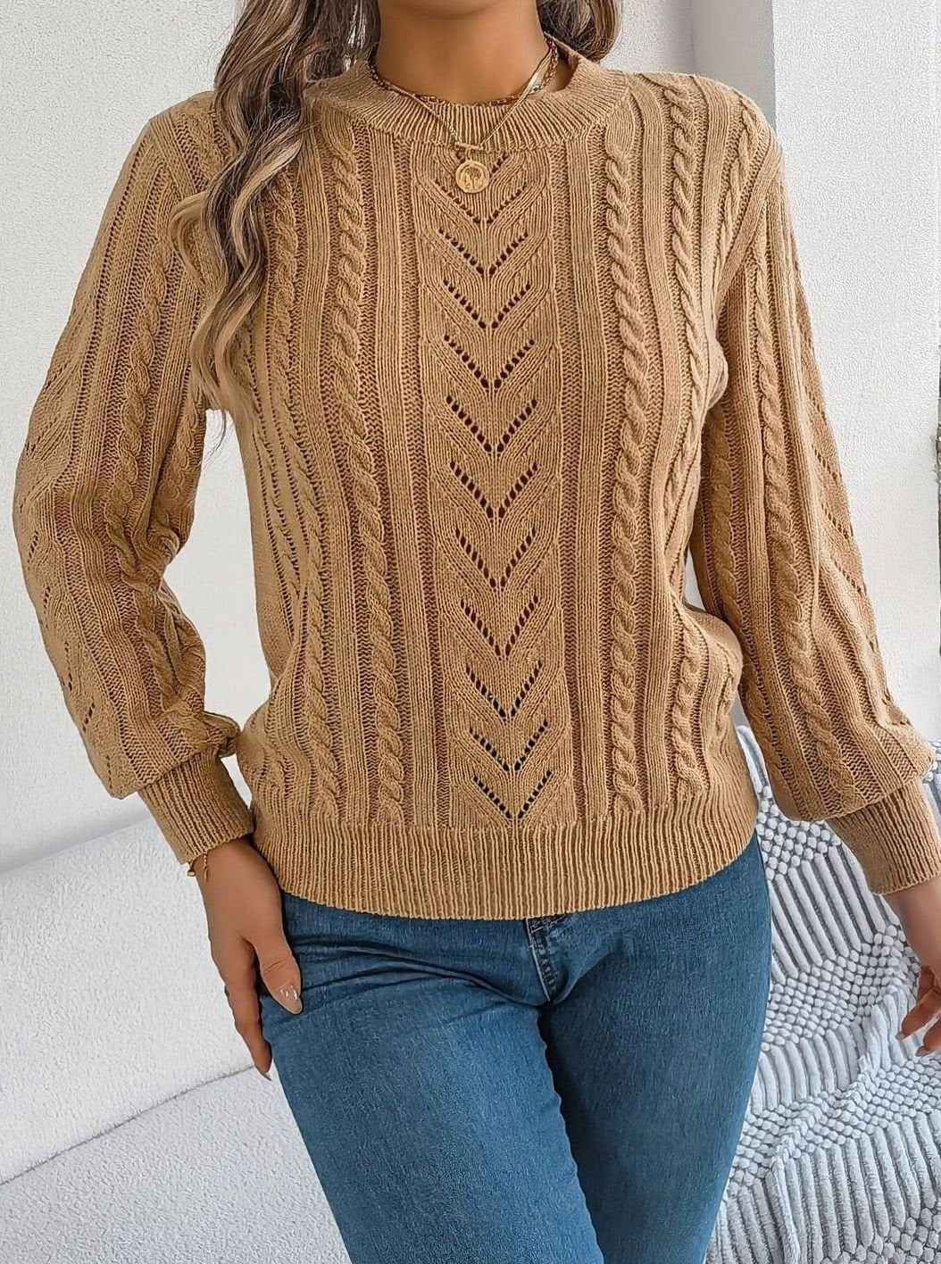 Jersey de ochos mujer cuello redondo punto calado