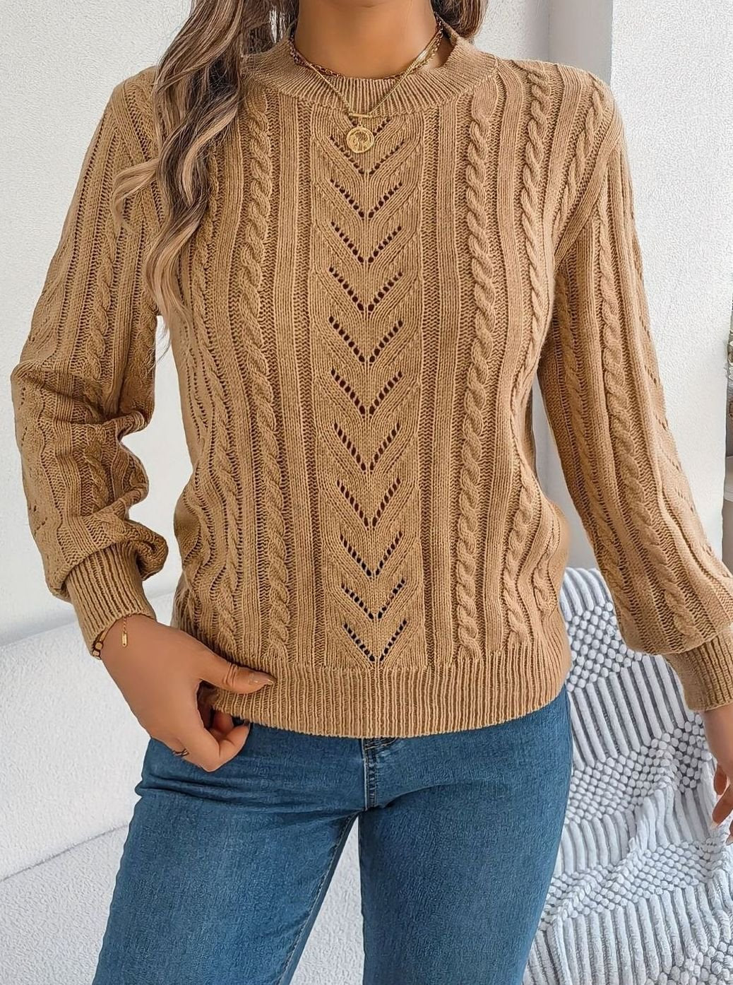 Jersey de ochos mujer cuello redondo punto calado