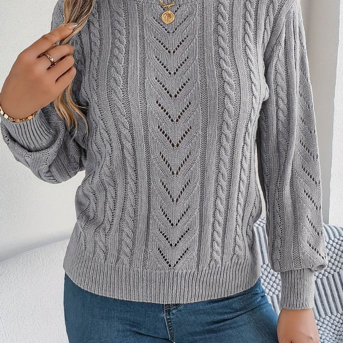 Jersey de ochos mujer cuello redondo punto calado