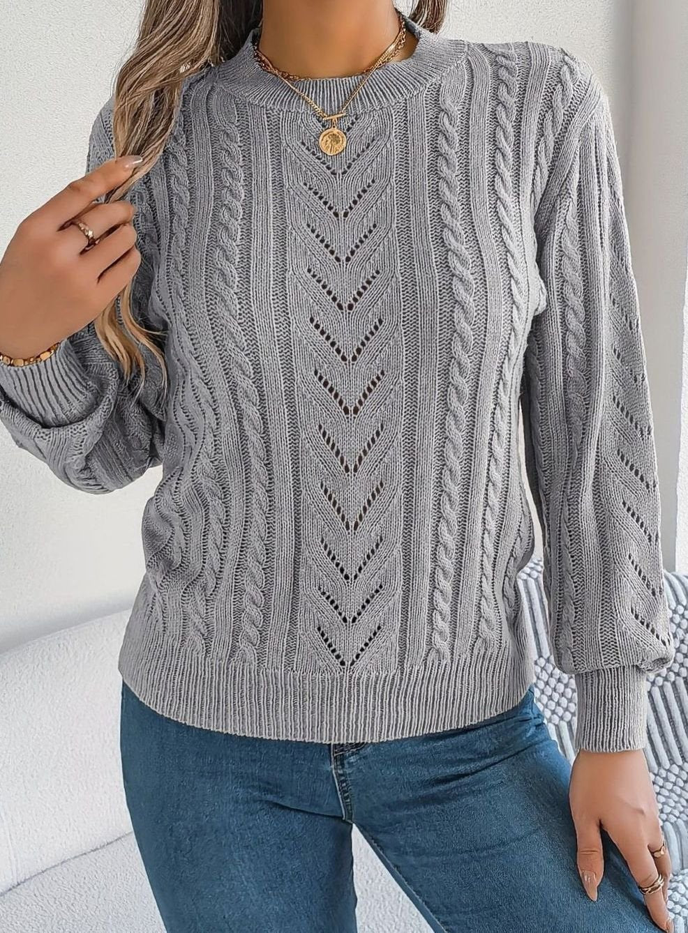 Jersey de ochos mujer cuello redondo punto calado