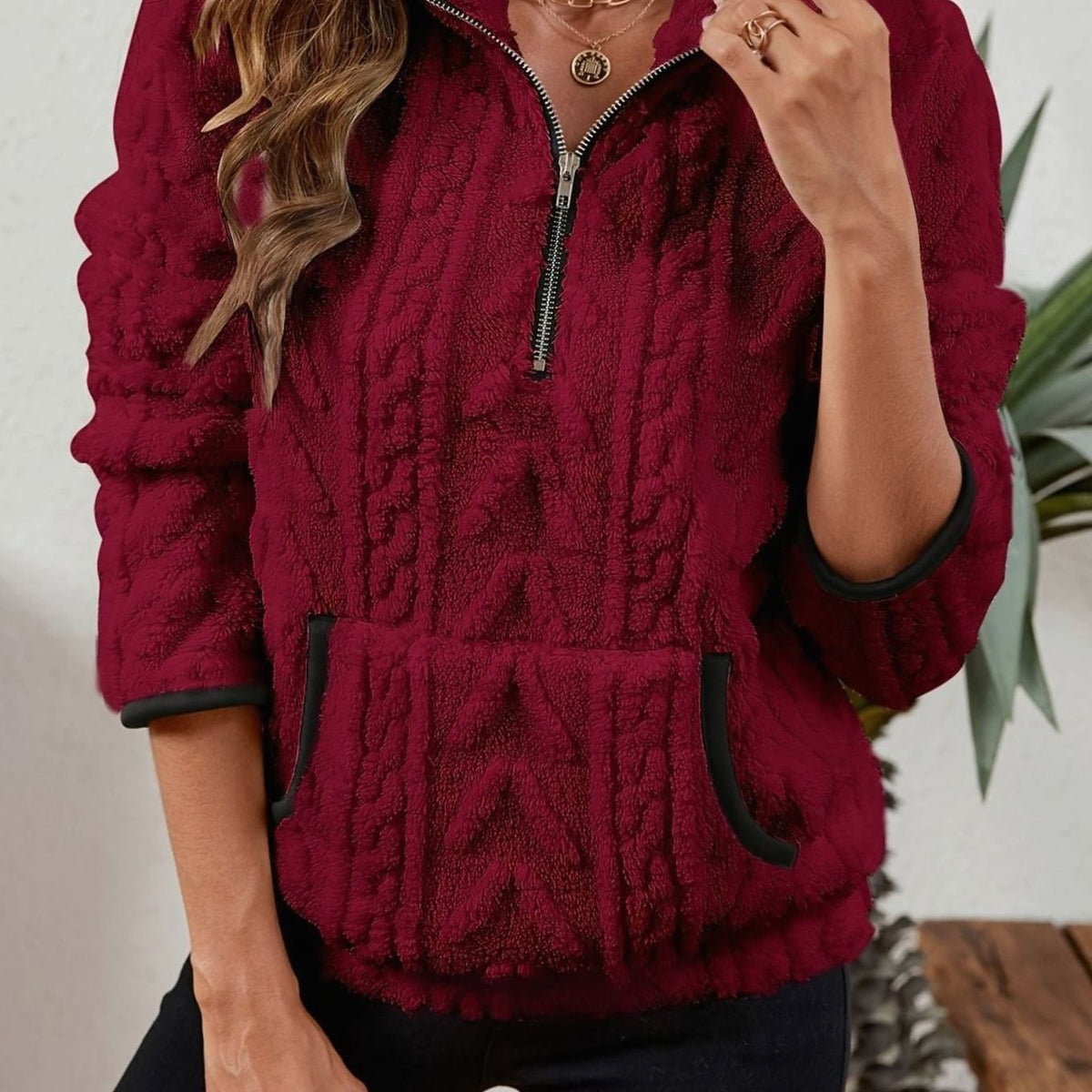 Sudadera polar mujer media cremallera bolsillo canguro