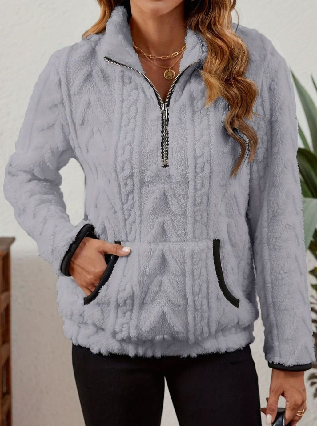 Sudadera polar mujer media cremallera bolsillo canguro
