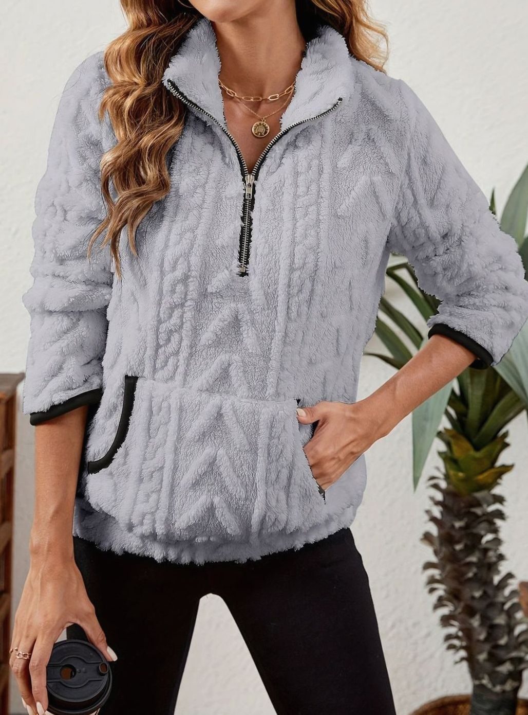 Sudadera polar mujer media cremallera bolsillo canguro