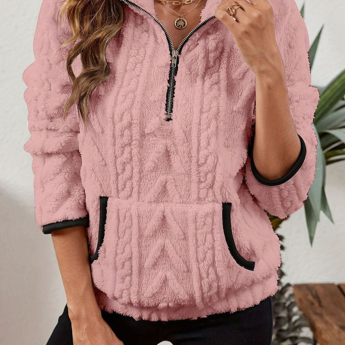 Sudadera polar mujer media cremallera bolsillo canguro