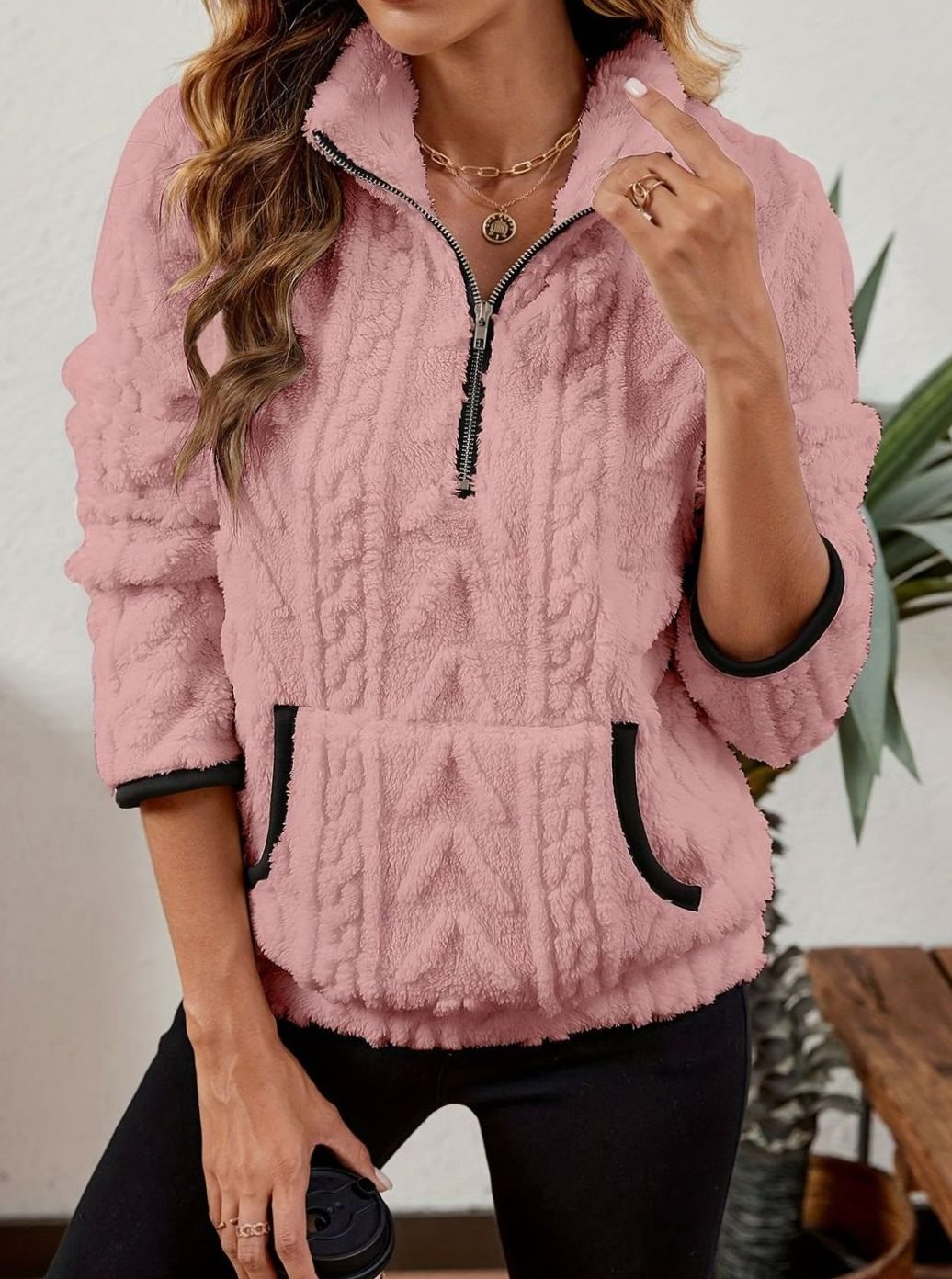 Sudadera polar mujer media cremallera bolsillo canguro