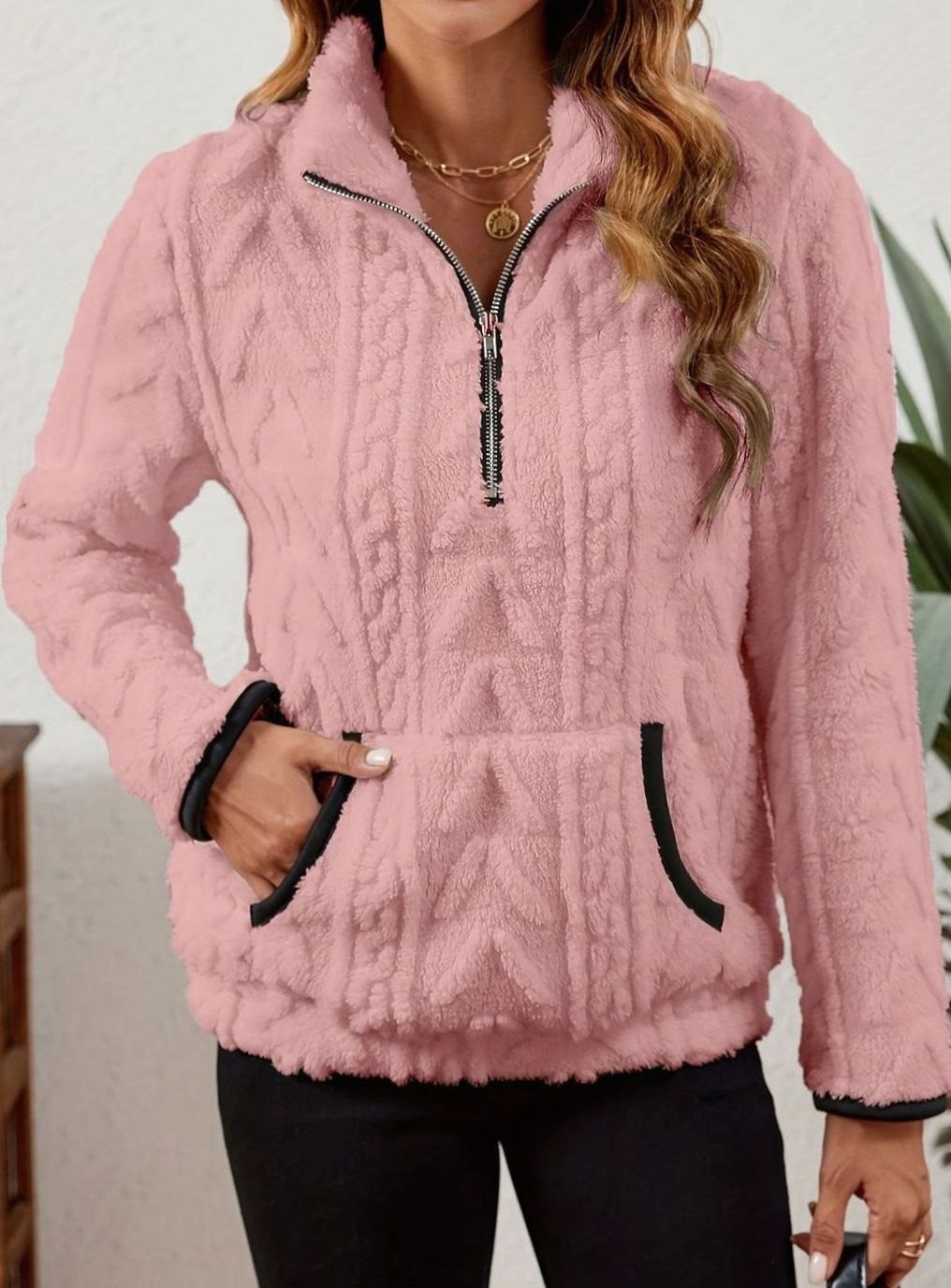 Sudadera polar mujer media cremallera bolsillo canguro