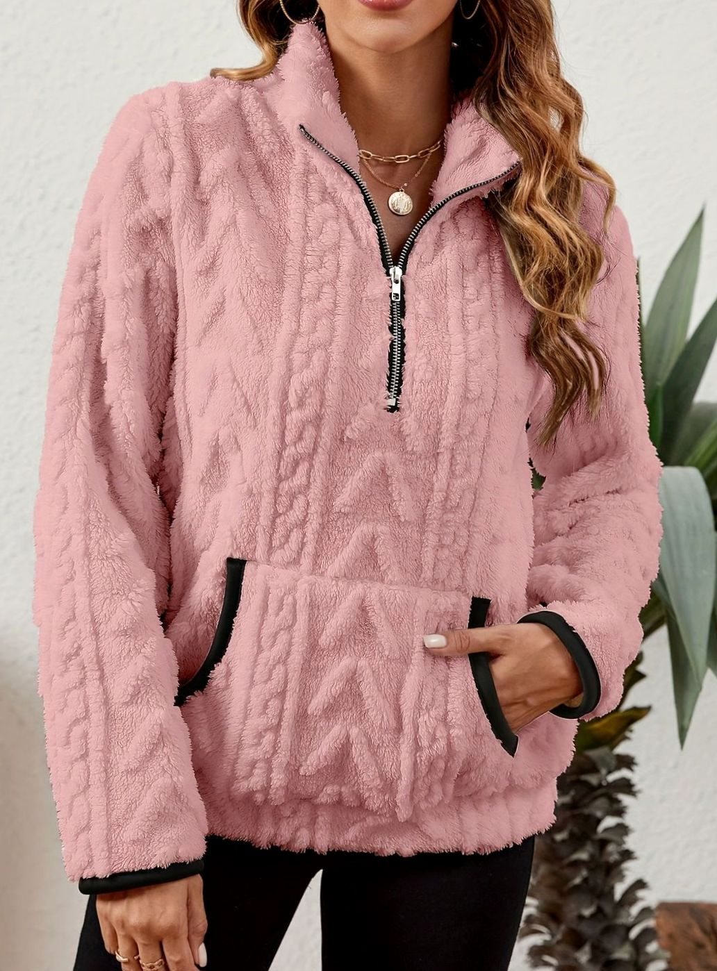 Sudadera polar mujer media cremallera bolsillo canguro