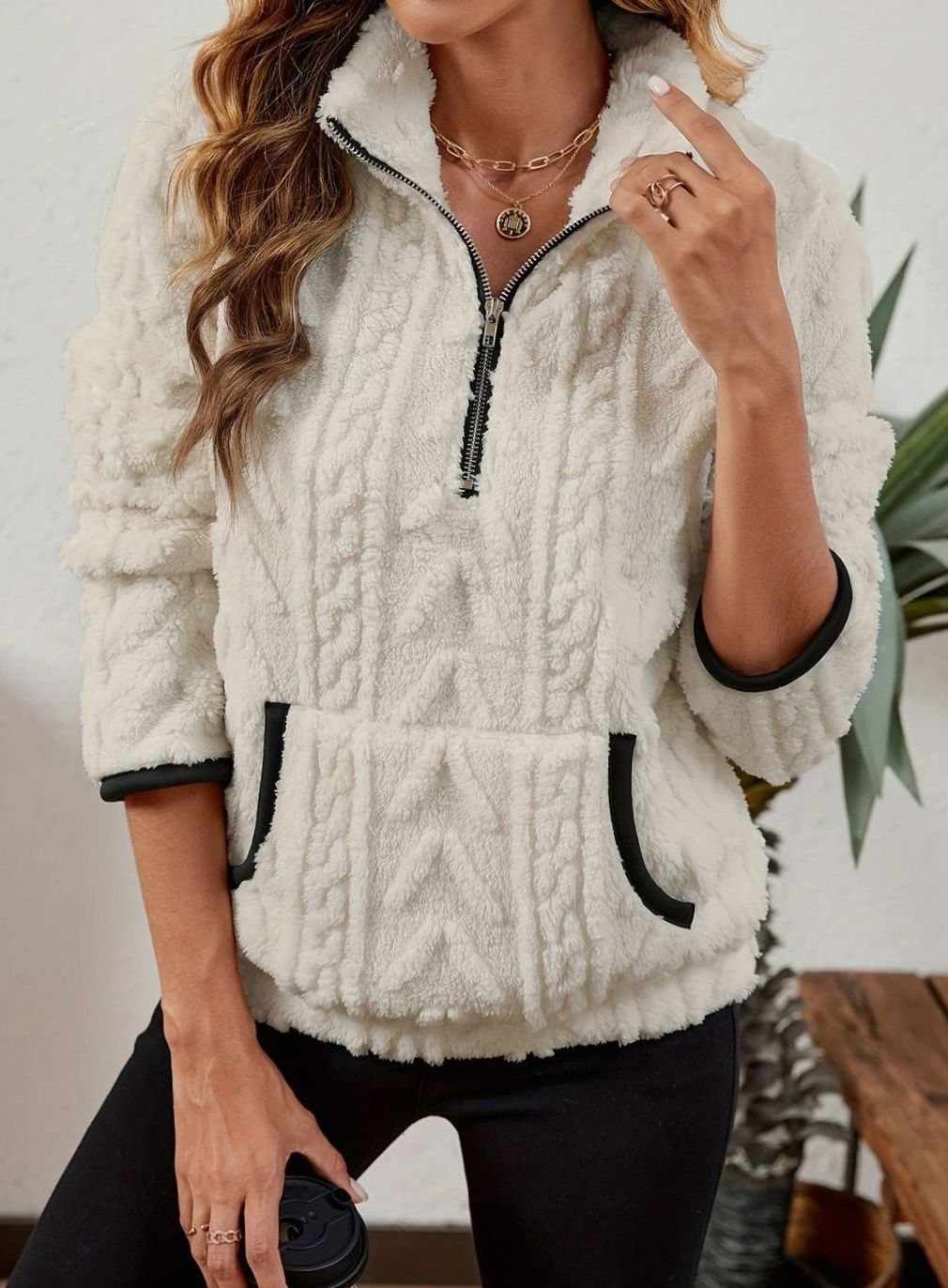 Sudadera polar mujer media cremallera bolsillo canguro