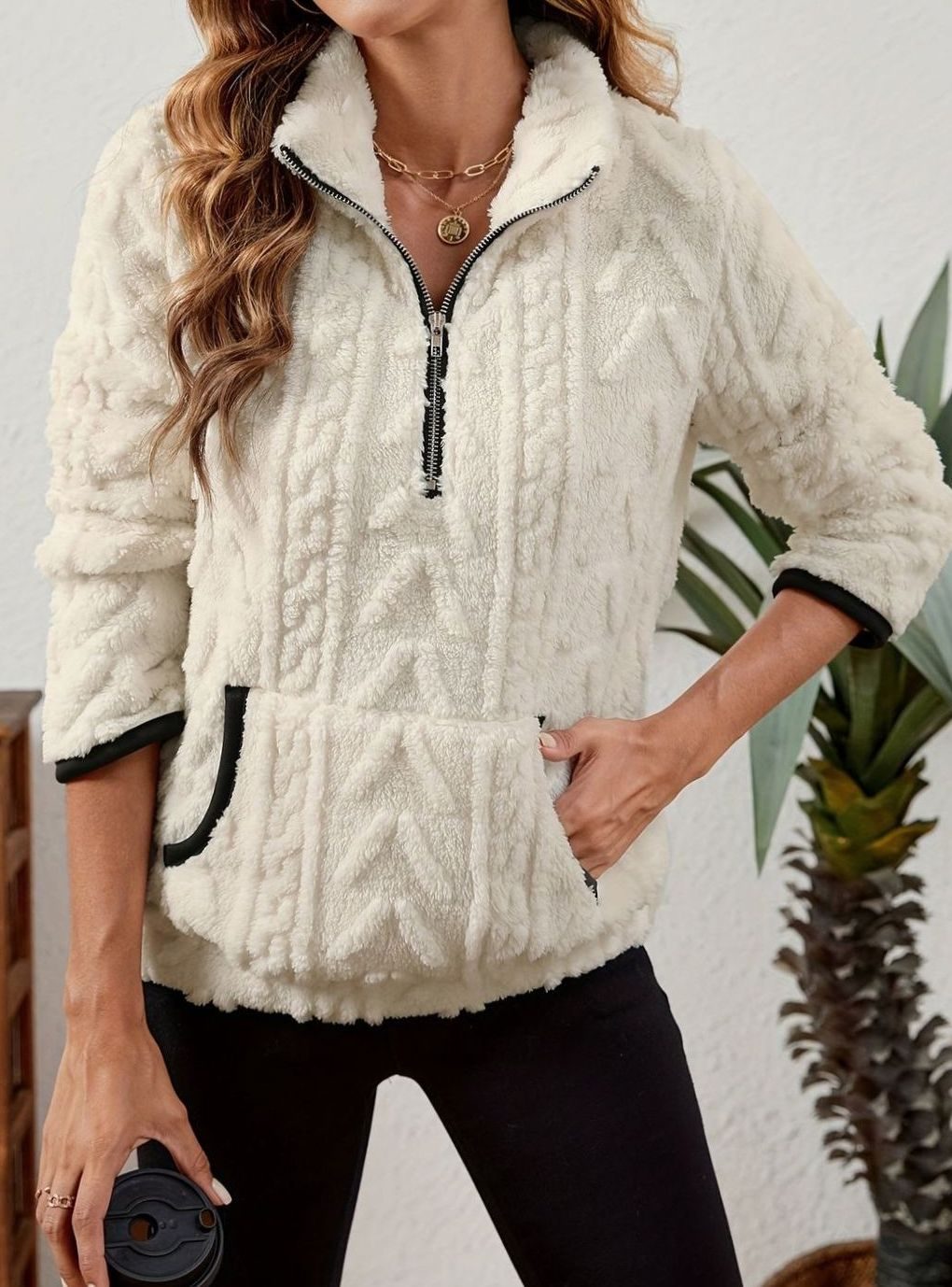 Sudadera polar mujer media cremallera bolsillo canguro