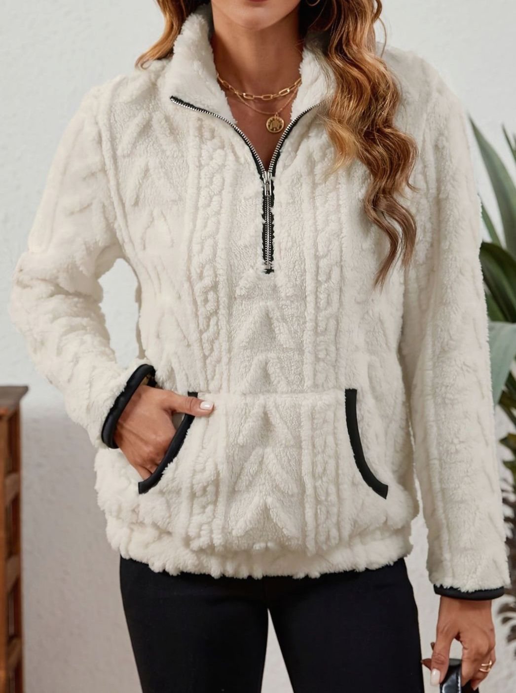 Sudadera polar mujer media cremallera bolsillo canguro