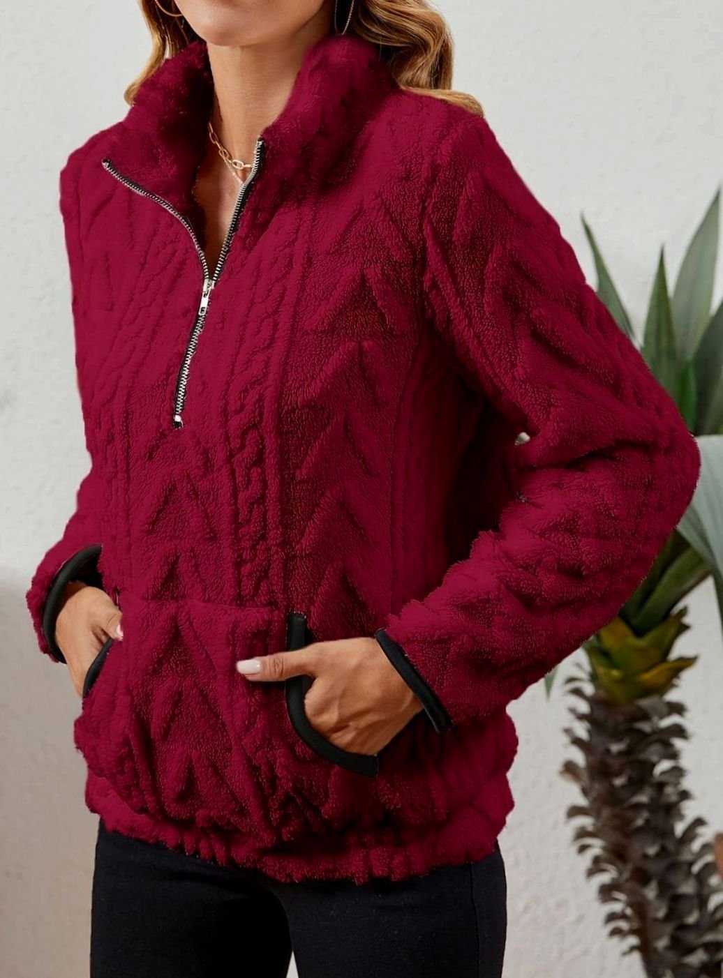 Sudadera polar mujer media cremallera bolsillo canguro
