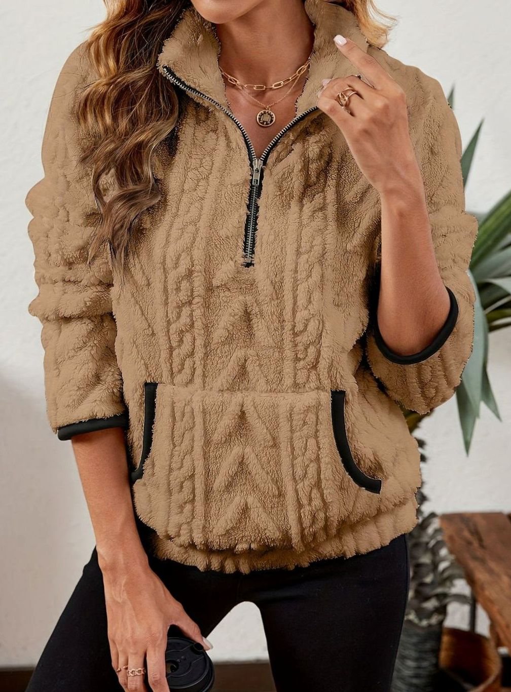 Sudadera polar mujer media cremallera bolsillo canguro