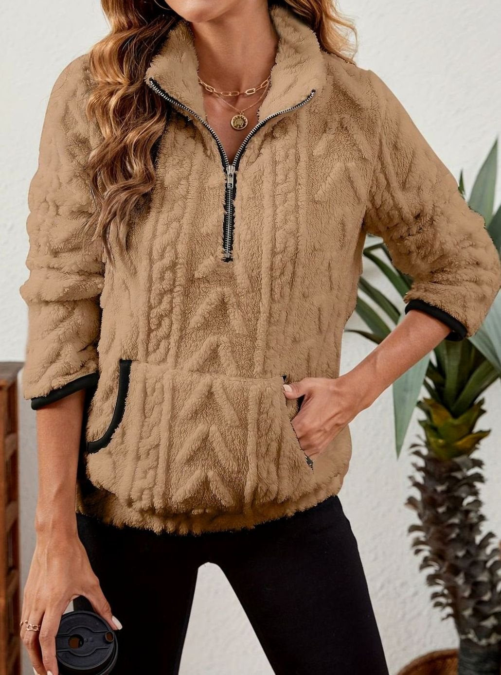 Sudadera polar mujer media cremallera bolsillo canguro