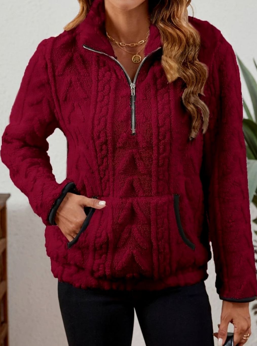Sudadera polar mujer media cremallera bolsillo canguro