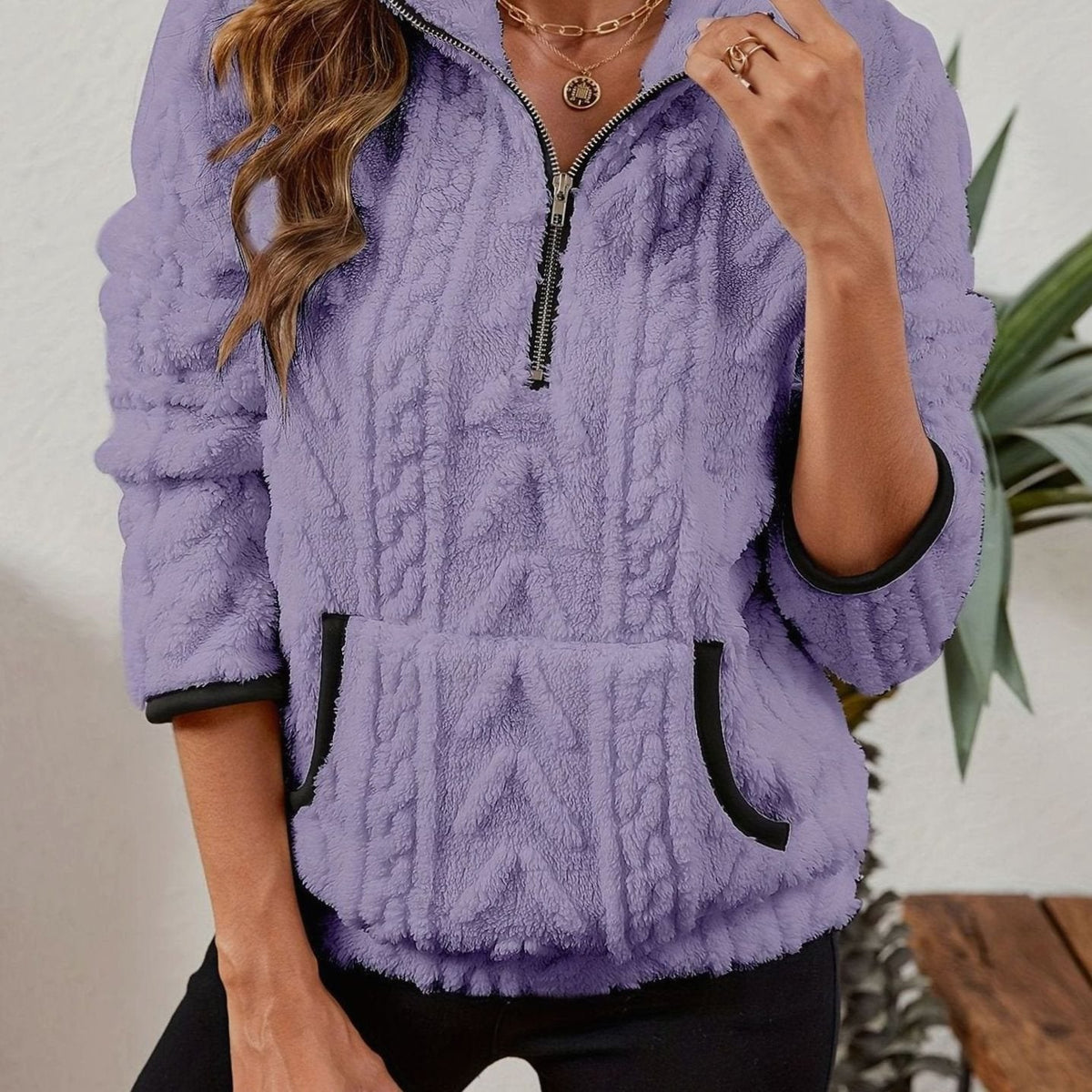 Sudadera polar mujer media cremallera bolsillo canguro