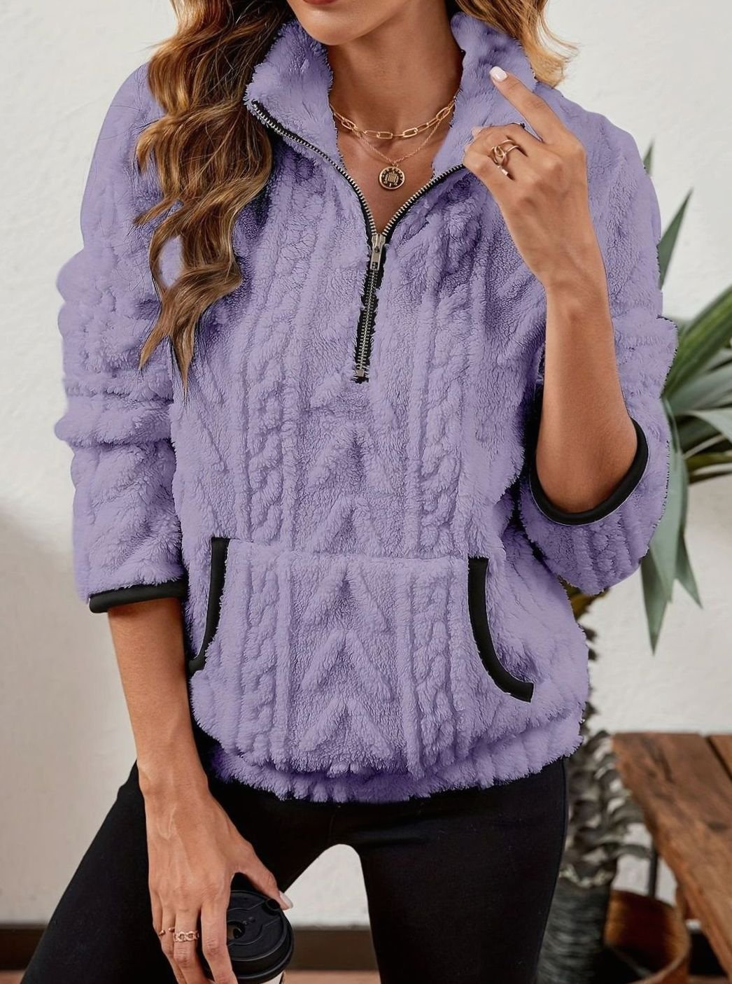Sudadera polar mujer media cremallera bolsillo canguro