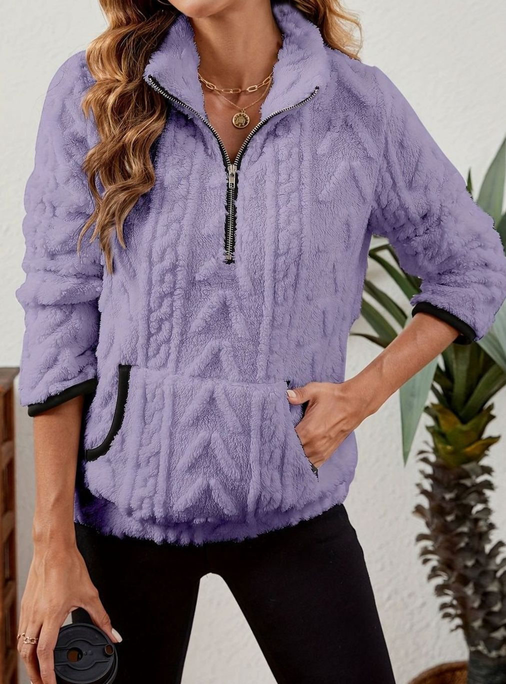 Sudadera polar mujer media cremallera bolsillo canguro
