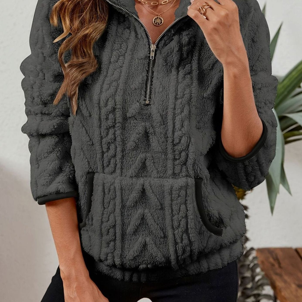 Sudadera polar mujer media cremallera bolsillo canguro