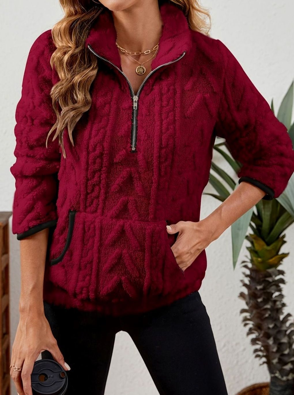 Sudadera polar mujer media cremallera bolsillo canguro