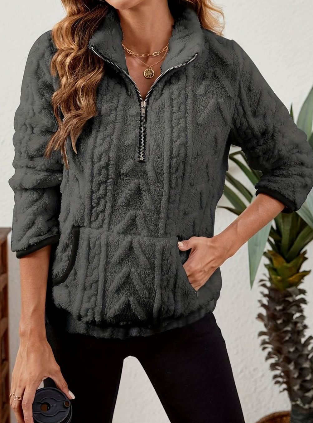 Sudadera polar mujer media cremallera bolsillo canguro