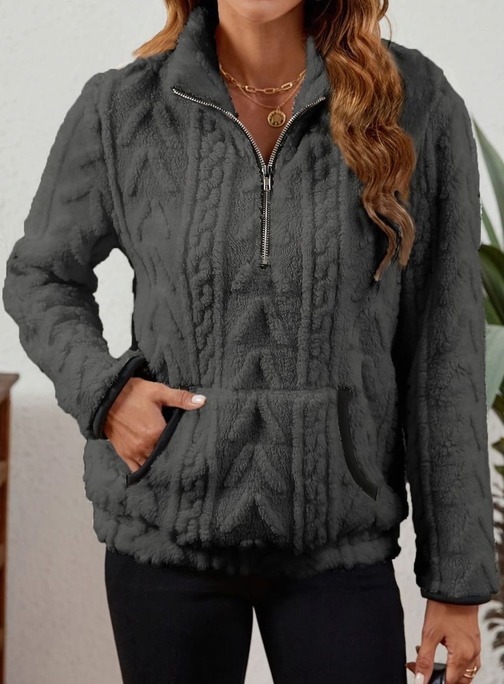 Sudadera polar mujer media cremallera bolsillo canguro