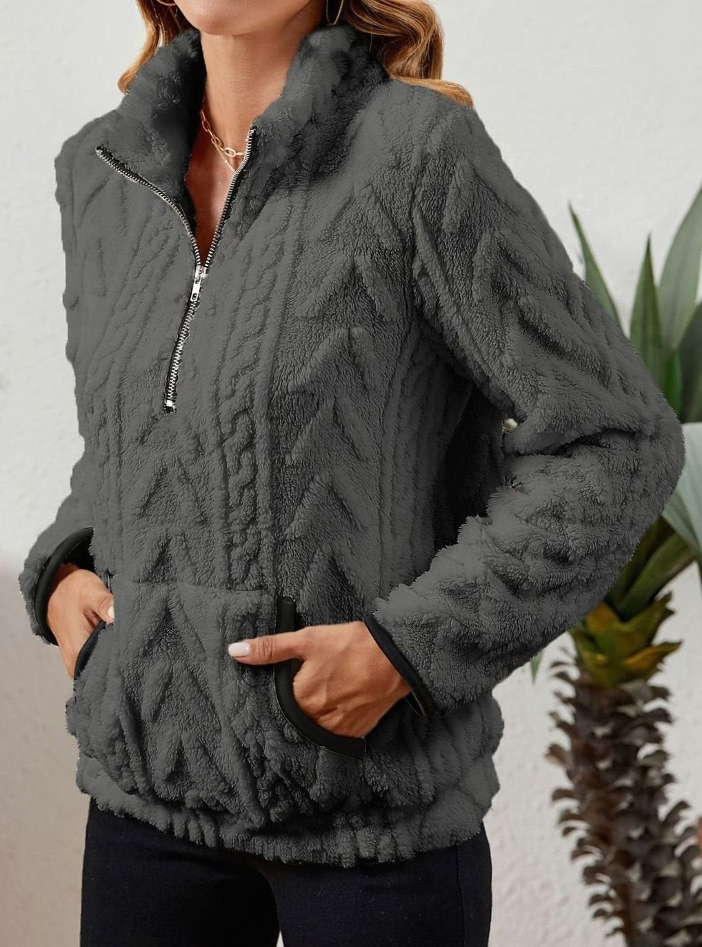 Sudadera polar mujer media cremallera bolsillo canguro