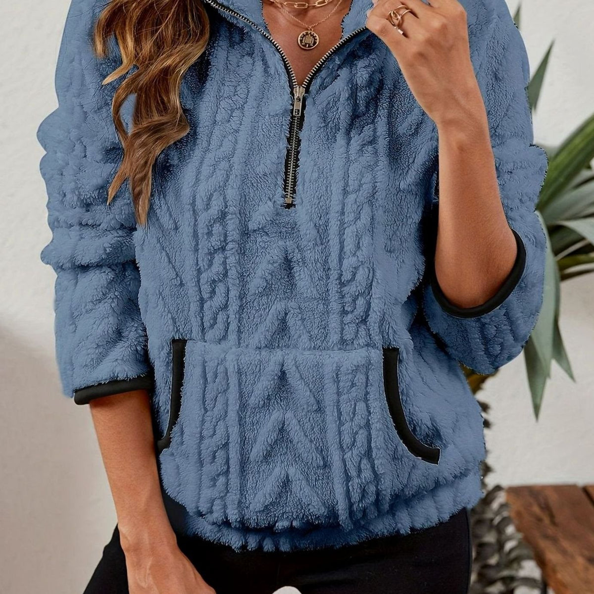 Sudadera polar mujer media cremallera bolsillo canguro