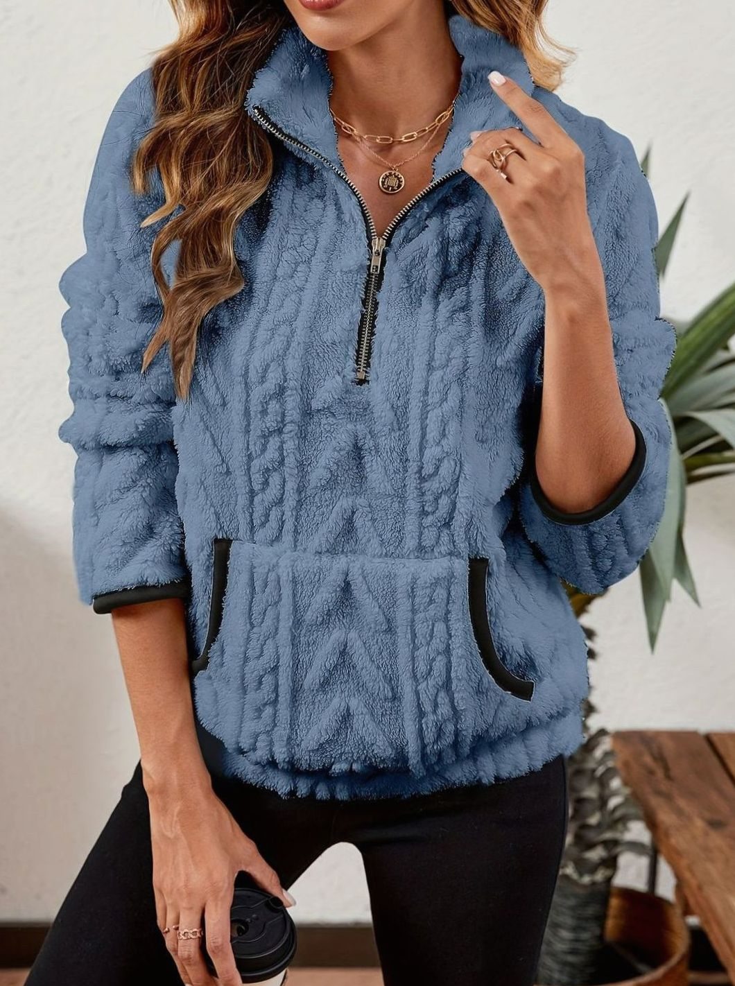 Sudadera polar mujer media cremallera bolsillo canguro
