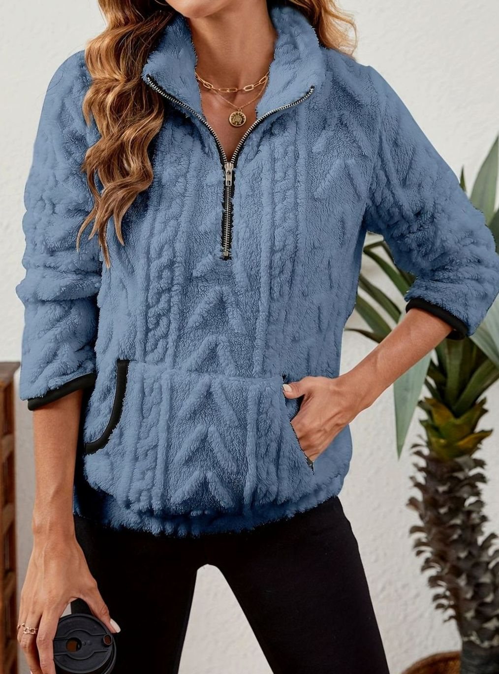 Sudadera polar mujer media cremallera bolsillo canguro
