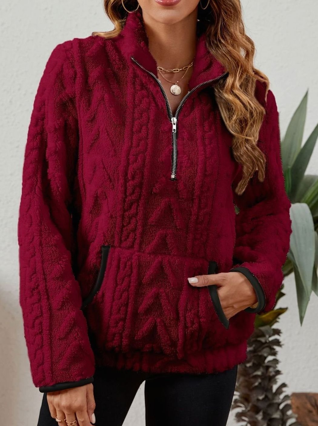 Sudadera polar mujer media cremallera bolsillo canguro