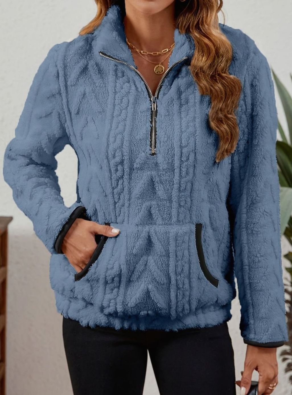 Sudadera polar mujer media cremallera bolsillo canguro