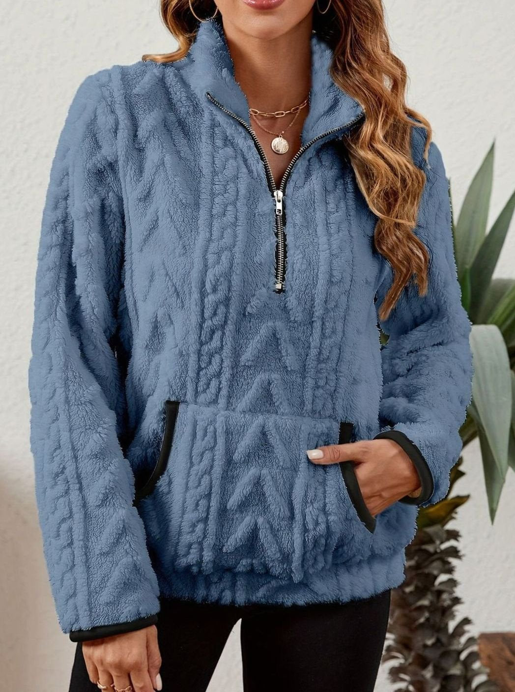 Sudadera polar mujer media cremallera bolsillo canguro
