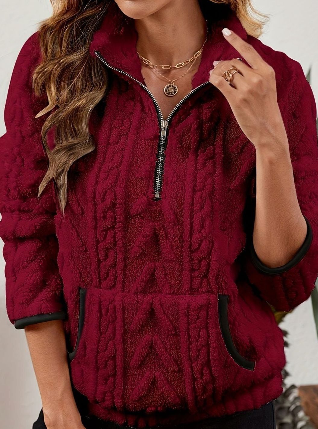 Sudadera polar mujer media cremallera bolsillo canguro