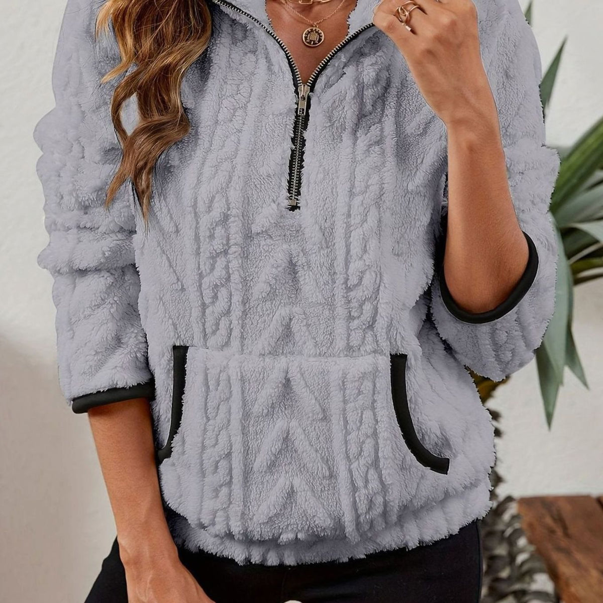 Sudadera polar mujer media cremallera bolsillo canguro