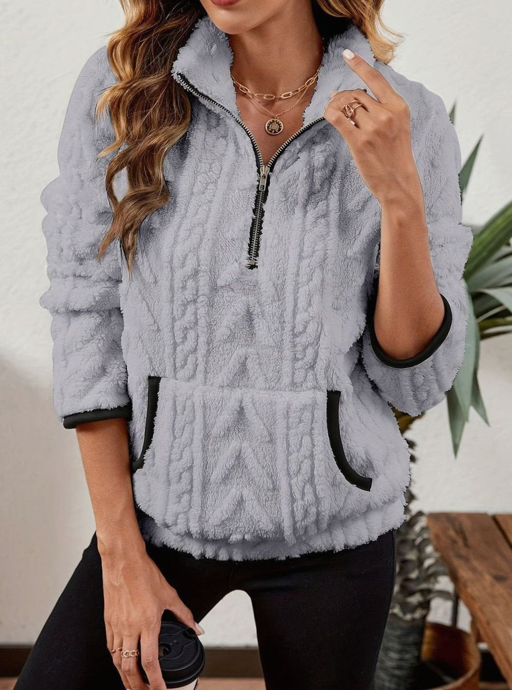 Sudadera polar mujer media cremallera bolsillo canguro
