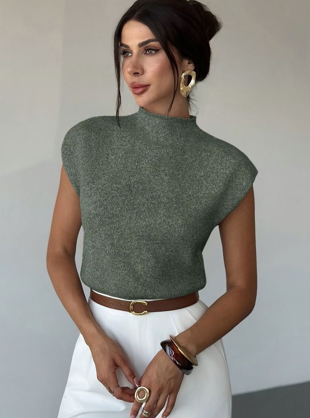 Top de punto mujer cuello semicisne sin mangas