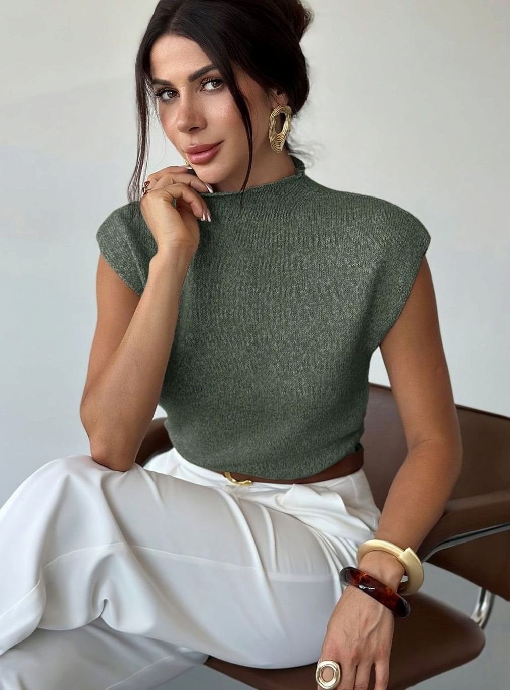 Top de punto mujer cuello semicisne sin mangas