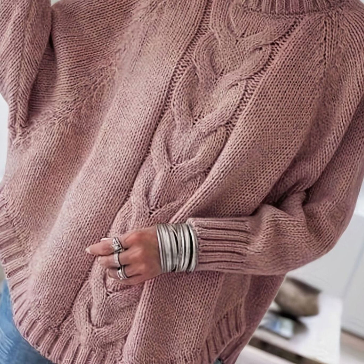 Jersey cuello alto mujer oversize punto de ochos