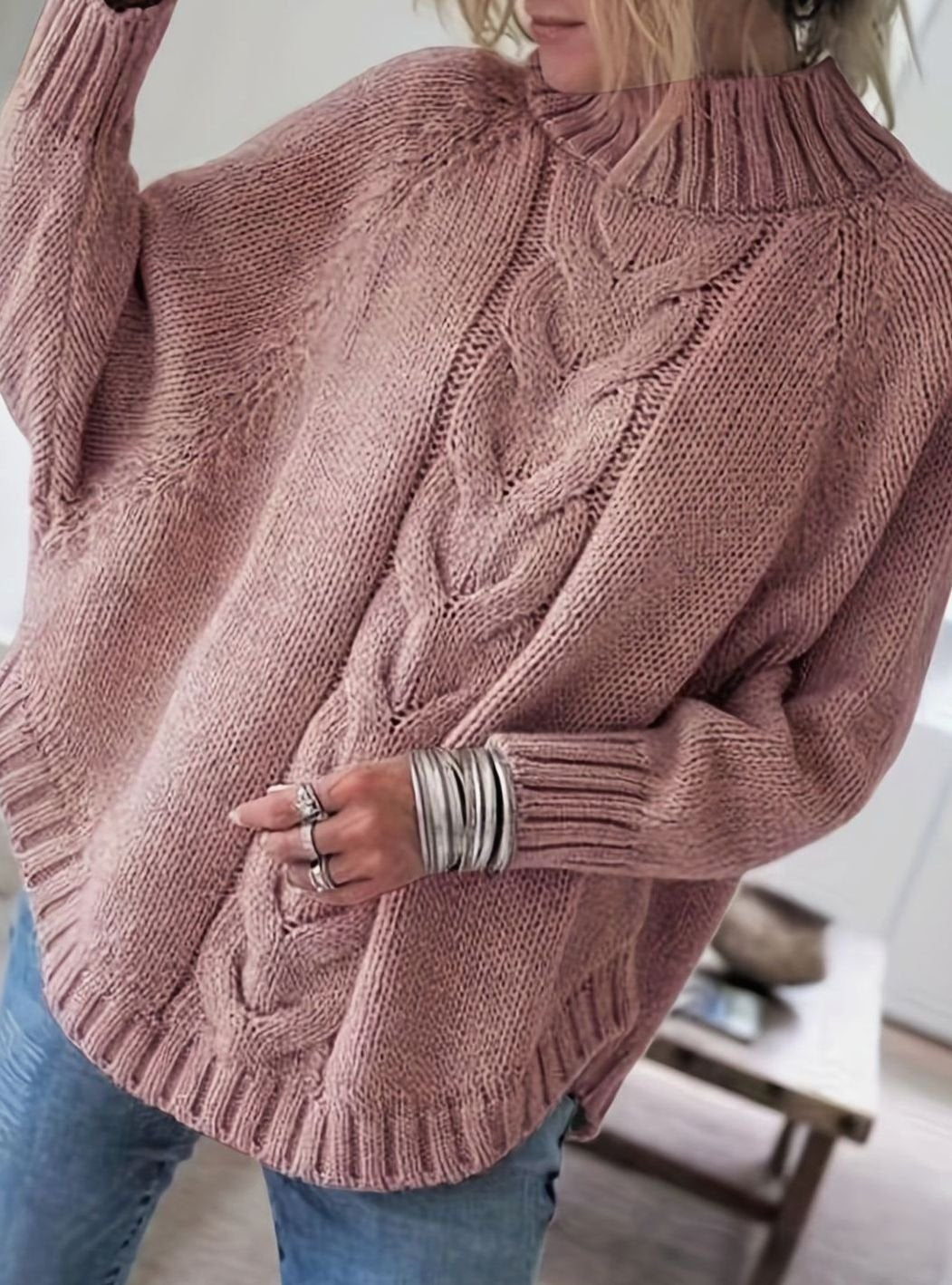 Jersey cuello alto mujer oversize punto de ochos