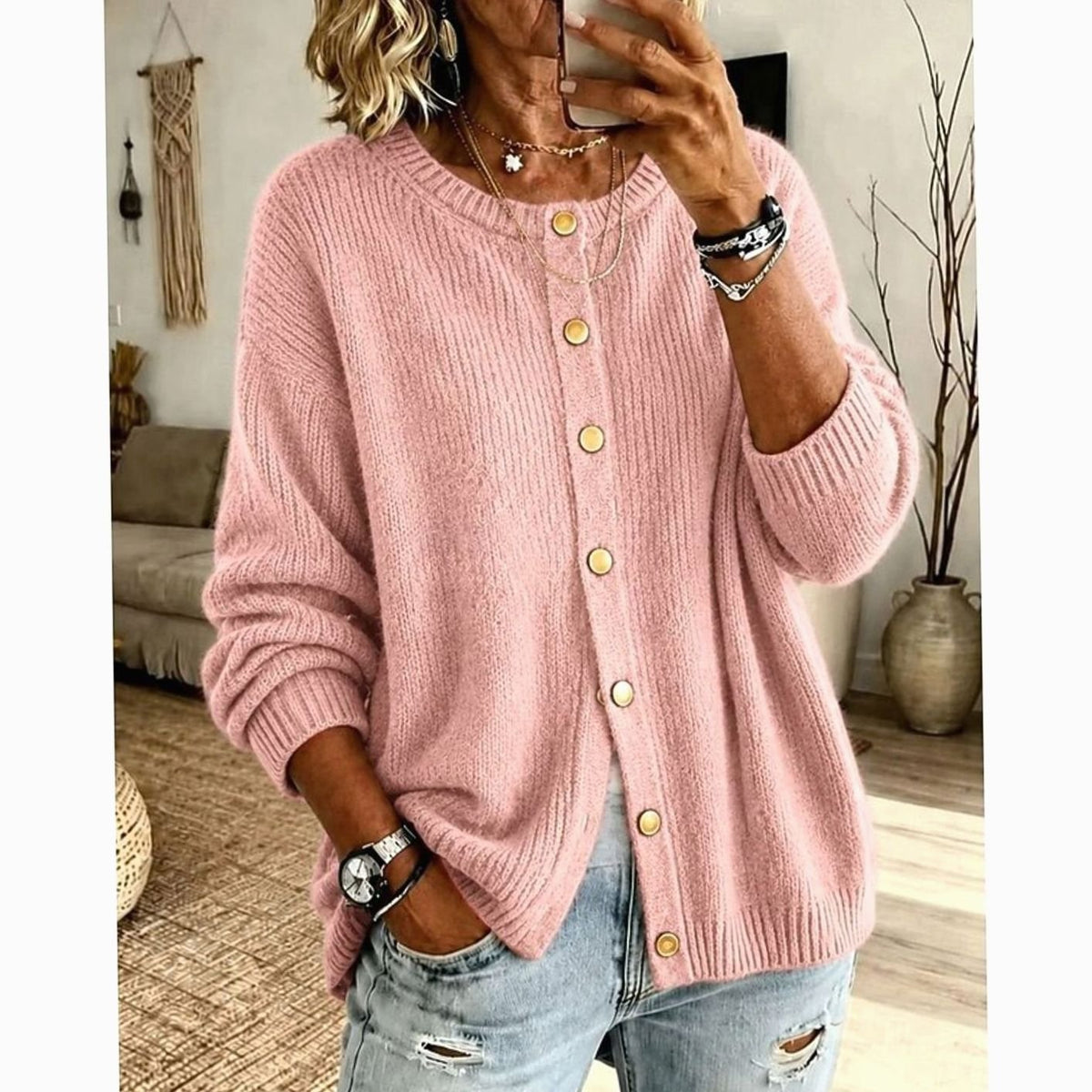 Cárdigan de botones mujer cuello redondo canalé