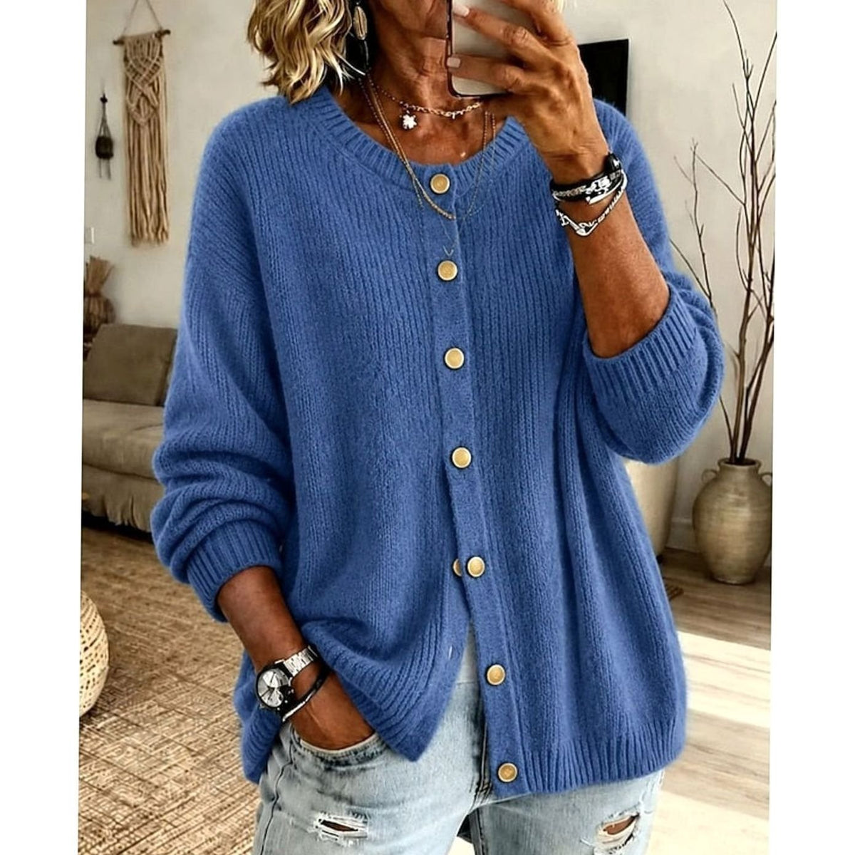 Cárdigan de botones mujer cuello redondo canalé