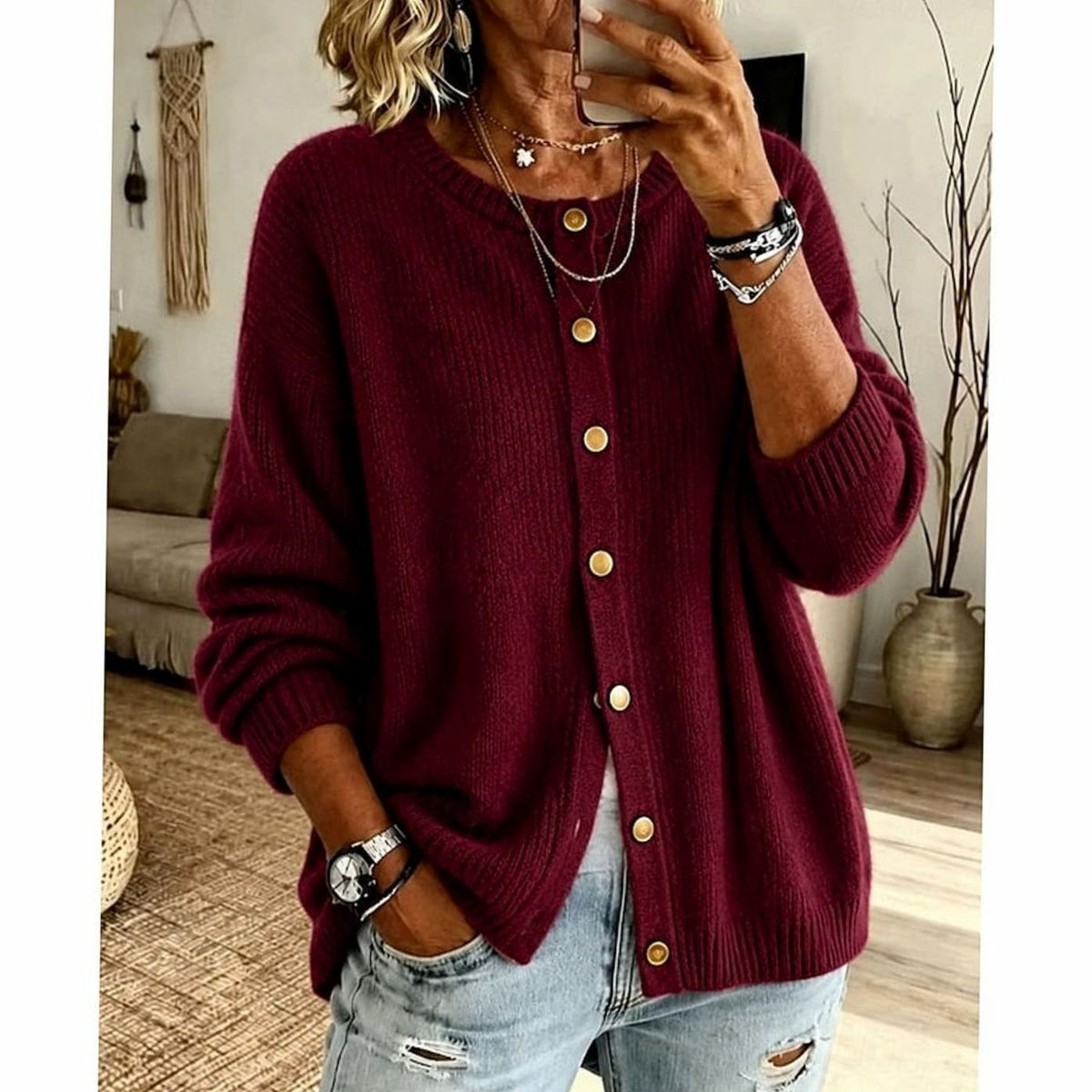 Cárdigan de botones mujer cuello redondo canalé